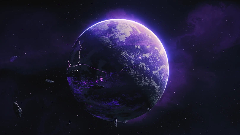 紫色辉光包围的岩质星球与漂浮碎石