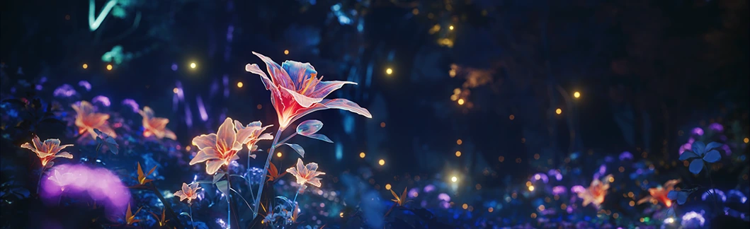 深蓝花园中透明发光的花朵与金色光点