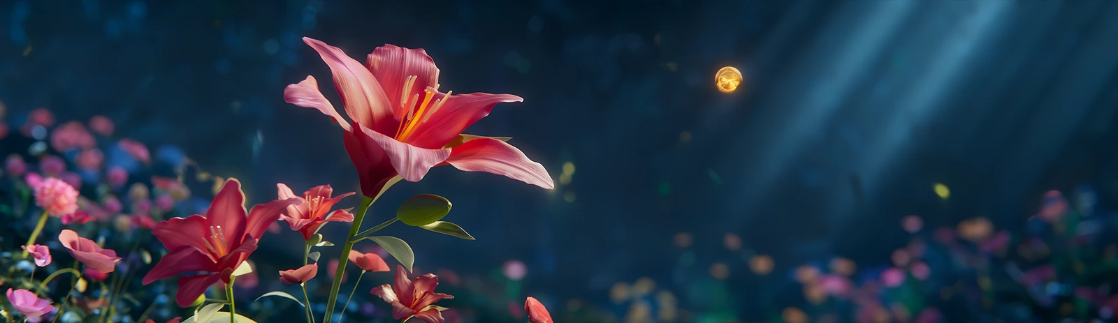 林间光束下盛开的红色花朵,旁边悬浮金色光球