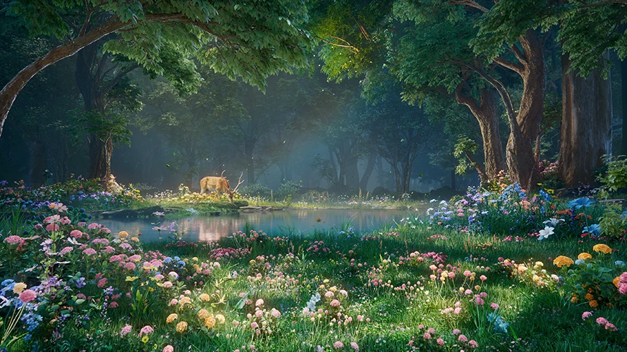 林间湖面与花海的开阔远景，一只鹿站在透入的光线中