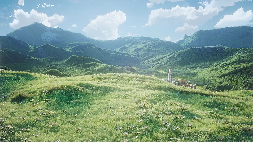 繁花草坡与层叠山谷的开阔远景,远处隐约可见城堡
