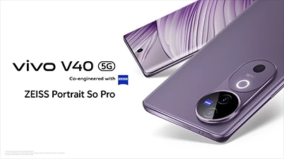 白色背景中的紫色 vivo V40 5G 正背面产品画面,保留 ZEISS 标识