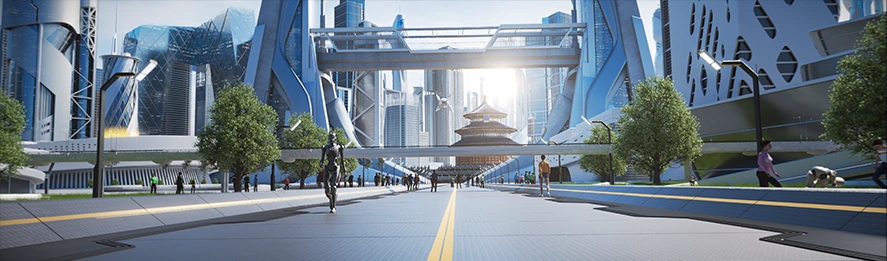 白色建筑与空中连廊连接的未来城市，人和机器人穿行其间